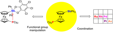 Graphical abstract: Synthesis, reactivity and coordination behaviour of a ferrocene phosphinostibine and intramolecular interactions in its P(v) and Sb(v) derivatives