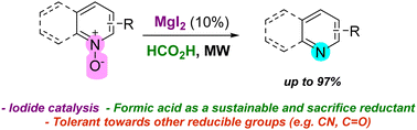 Graphical abstract: Deoxygenation of heterocyclic N-oxides employing iodide and formic acid as a sustainable reductant