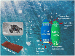 Graphical abstract: Photocatalytic degradation of tetracycline hydrochloride using a BiVO4/MIL-88B(Fe) heterojunction