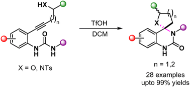 Graphical abstract: Regioselective synthesis of spiro quinazolinones via sequential hydroalkoxylation and intramolecular amide-cyclization of alkynol ureas