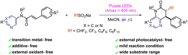 Graphical abstract: Visible-light-induced self-catalyzed fluoroalkylation/cyclization of N-arylcinnamamides: synthesis of fluoroalkyl-containing 3,4-disubstituted dihydro-1,5-naphthyridin-2(1H)-ones and 7,8-disubstituted dihydropyrido[3,2-d]pyrimidin-6(5H)-ones