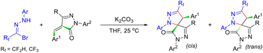 Graphical abstract: Synthesis of difluoromethylated spiropyrazolones via [3 + 2] cycloaddition of difluoroacetohydrazonoyl bromides with alkylidene pyrazolones