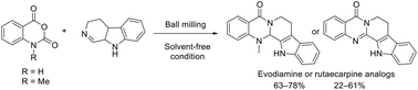 Graphical abstract: Synthesis of bioactive evodiamine and rutaecarpine analogues under ball milling conditions