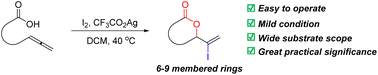 Graphical abstract: I2/CF3CO2Ag-mediated iodolactonization of various allenoic acids to access versatile 6- to 9-membered ring vinylic iodolactones