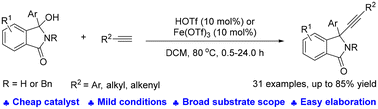 Graphical abstract: Dehydrative alkynylation of 3-hydroxyisoindolinones with terminal alkynes for the synthesis of 3-alkynylated 3,3-disubstituted isoindolinones