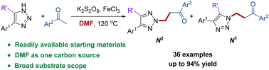 Graphical abstract: An FeCl3-catalyzed three-component reaction for the synthesis of β-(1,2,3-triazolyl)-ketones using DMF as a one-carbon source