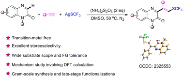 Graphical abstract: Efficient synthesis of SCF3-containing 3-alkenylquinoxalinones via three-component radical cascade reaction