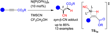 Graphical abstract: Nickel-catalysed regio- and stereoselective hydrocyanation of alkynoates and its mechanistic insights proposed by DFT calculations