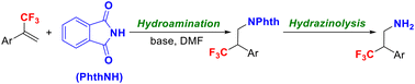 Graphical abstract: Two-step synthesis of vicinal trifluoromethyl primary amines from α-(trifluoromethyl)styrenes and phthalimide