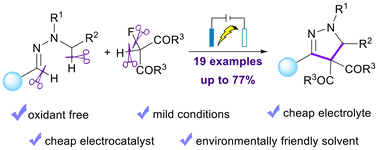 Graphical abstract: Electrocatalytic dehydrogenative and defluorinative coupling between aldehyde-derived N,N-dialkylhydrazones and fluoromalonates: synthesis of 2-pyrazolines