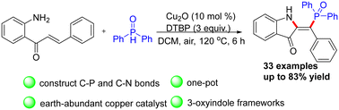 Graphical abstract: Cu2O-catalyzed cascade phosphinylation/cyclization of 2′-aminochalcones for the synthesis of hemi-indigo derivatives