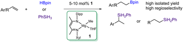 Graphical abstract: Hydroboration and hydrosilylation of alkenes catalyzed by an unsymmetrical magnesium methyl complex