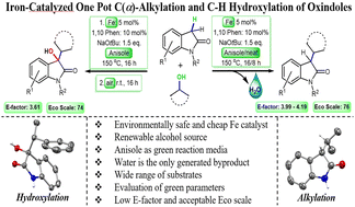 Graphical abstract: Iron- and base-catalyzed C(α)-alkylation and one-pot sequential alkylation–hydroxylation of oxindoles with secondary alcohols