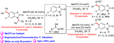 Graphical abstract: MeOTf-catalyzed Friedel–Crafts alkylation of benzoxazolones, benzothiazolones, indolinones and benzimidazolones with activated secondary alcohols