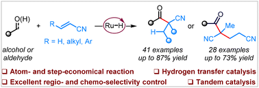 Graphical abstract: Selective cross-coupling of α,β-unsaturated nitriles with aldehydes or alcohols by hydrogen transfer catalysis towards β-ketonitriles and glutaronitriles