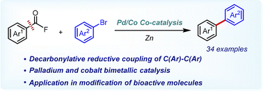 Graphical abstract: Decarbonylative C(sp2)–C(sp2) reductive cross-coupling of aroyl fluorides with aryl bromides by palladium/cobalt co-catalysis