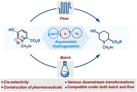 Graphical abstract: Iridium-catalyzed asymmetric hydrogenation of 5-hydroxypicolinate pyridinium salts under batch and flow: stereodefined access to cis-configurated hydroxypiperidine esters