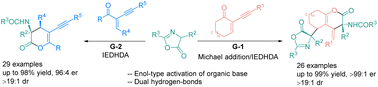 Graphical abstract: Chiral guanidine catalyzed cyclization reactions of 1,3-enynes for lactone synthesis: switchable H-bond catalysis