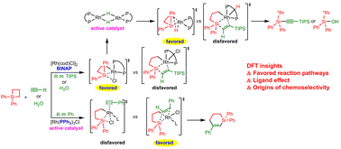 Graphical abstract: DFT study of rhodium-catalyzed transformation of silacyclobutane with alkyne or H2O: Si–Cl bond reductive elimination vs. alkyne insertion