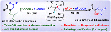 Graphical abstract: Metal-free cascade O–H double insertion between I(III)/S(VI)-ylides, carboxylic acids, and alcohols: modular access to unsymmetrical α,α-O,O-substituted ketones