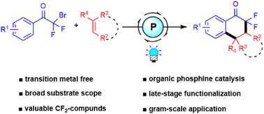 Graphical abstract: Metal-free phosphine-catalyzed visible-light-induced radical cyclization of alkenes: access to cyclic gem-difluoroacyl scaffolds