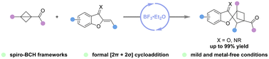 Graphical abstract: Access to spiro-bicyclo[2.1.1]hexanes via BF3·Et2O-catalyzed formal [2π + 2σ] cycloaddition of bicyclo[1.1.0]butanes with benzofuran-derived oxa(aza)dienes