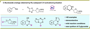 Graphical abstract: Synthesis of heteroaryl C-glycosides via Ru-catalyzed C–H activation/cyclization: dioxazolone glycogen designs and applications