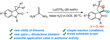 Graphical abstract: A domino [3 + 2] cycloaddition/deamination/imine hydrolysis reaction of cyclopropyl spirooxindoles with thiourea for access to spiro-γ-thiolactone oxindoles