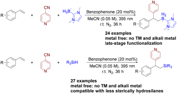 Graphical abstract: Metal-free visible-light-induced borylative/silylative pyridylation of vinylarenes