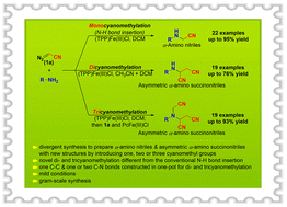 Graphical abstract: Iron(iii)-catalyzed mono-, di- and tricyanomethylation of primary amines with diazoacetonitrile: construction of α-amino acetonitriles and asymmetric α-amino succinonitriles