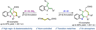 Graphical abstract: Atom-controlled divergent synthesis of spiro and fused rings via base-catalyzed chemoselective annulation
