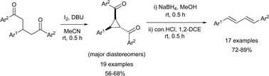 Graphical abstract: Synthesis of 1-aryl-2,3-diaroyl cyclopropanes from 1,3,5-triaryl-1,5-diketones and their transformation into E,E-1,4-diaryl-1,3-butadienes