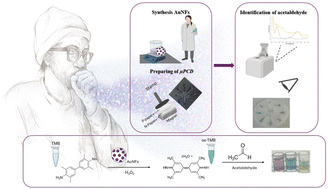 Graphical abstract: Identification of acetaldehyde based on plasmonic patterns of a gold nanostructure conjugated with chromophore and H2O2: a new platform for the rapid and low-cost analysis of carcinogenic agents by colorimetric affordable test strip (CATS)