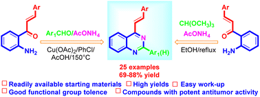 Graphical abstract: Alternative and efficient one-pot three-component synthesis of substituted 2-aryl-4-styrylquinazolines/4-styrylquinazolines from synthetically available 1-(2-aminophenyl)-3-arylprop-2-en-1-ones: characterization and evaluation of their antiproliferative activities