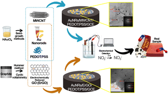 Graphical abstract: Comparison of the analytical performance of two different electrochemical sensors based on a composite of gold nanorods with carbon nanomaterials and PEDOT:PSS for the sensitive detection of nitrite in processed meat products