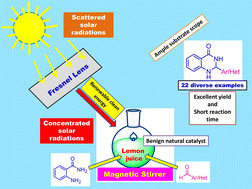 Graphical abstract: Green chemistry approach to the synthesis of 2-aryl/heteroaryl substituted 2,3-dihydroquinazolin-4(1H)-ones using lemon juice under concentrated solar radiations as a renewable source