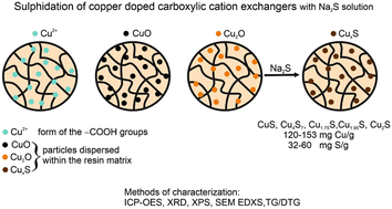Graphical abstract: Sulphidation of Cu2+, CuO and Cu2O within the matrix of carboxylic cation exchangers – compositional, morphological and thermal properties of CuxS containing composites