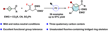 Graphical abstract: Synthesis of fluorine-containing bicyclo[4.1.1]octenes via photocatalyzed defluorinative (4 + 3) annulation of bicyclo[1.1.0]butanes with gem-difluoroalkenes
