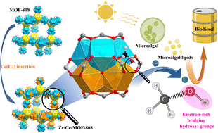 Graphical abstract: Enhanced hydroxyl bridge-mediated microalgal lipid conversion via mixed-valence Zr/Ce-MOF-808 catalysts at reduced temperatures