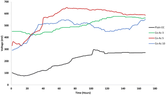 Graphical abstract: Boosting the performance of microbial fuel cells fed with partially treated buffalo milkmaid wastewater using modified CC/Co anodes: bacterial activity insights