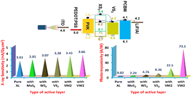 Graphical abstract: Assembling highly efficient X-ray and UV-visible light detectors using a VS2–MoS2 and VS2–WS2 hybrid composite-embedded perovskite layer