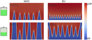 Graphical abstract: Investigation of charge transfer models on the evolution of phases in lithium iron phosphate batteries using phase-field simulations
