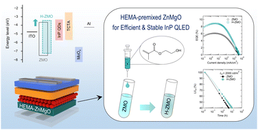 Graphical abstract: Efficient and stable InP quantum-dot light-emitting diodes formed by premixing 2-hydroxyethyl methacrylate into ZnMgO