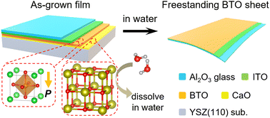 Graphical abstract: Water-soluble CaO sacrificial layer heteroepitaxially grown on yttria-stabilized zirconia substrate for large ferroelectric BaTiO3 sheets