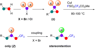 Graphical abstract: Building trisubstituted ethylenes from terminal alkenes via debrominative ring-opening trifluoromethylations of geminal dibromocyclopropanes