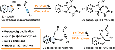 Graphical abstract: Dearomative 1,6-enyne cycloisomerization of alkyne-tethered benzofurans and indoles via a 6-endo-dig cyclization