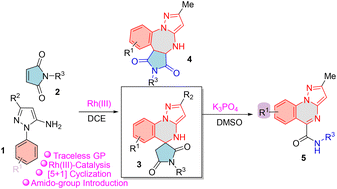 Graphical abstract: Rh(iii)-catalyzed cyclization of 5-amino-pyrazoles with maleimides to pyrazoloquinazolines