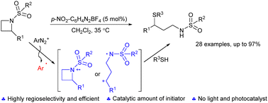 Graphical abstract: Aryldiazonium ion-initiated C–N bond cleavage for regioselective ring-opening of N-sulfonylazetidines with thiol nucleophiles