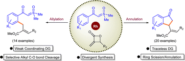 Graphical abstract: Rh-catalyzed chemodivergent [4+1]-annulation/allylation of sulfoxonium ylides with α-methylene-β-lactones: access to α-indanonyl/α-benzyl acrylates