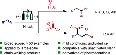 Graphical abstract: Electroreductive nickel-catalyzed 1,1-diarylation and 1,2-diacylation of alkenes
